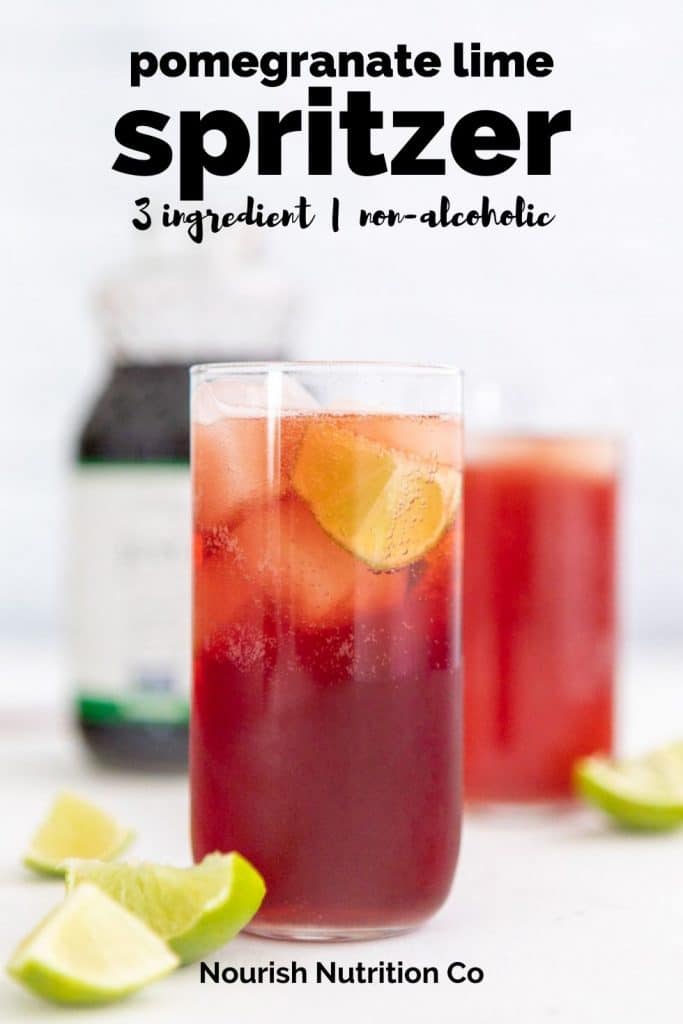 pomegranate lime spritzer in a glass with text overlay