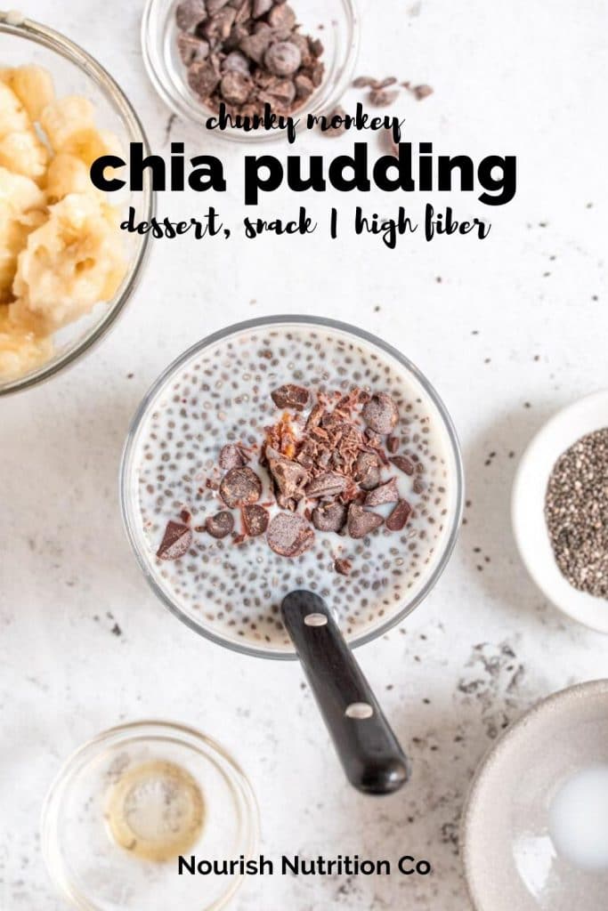 peanut butter chia pudding in a glass with ingredients around it and text overlay