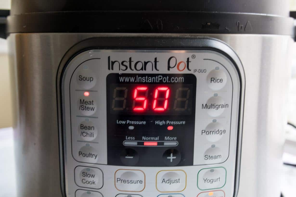 Instant Pot monitor set to MEAT/STEW for 50 minutes