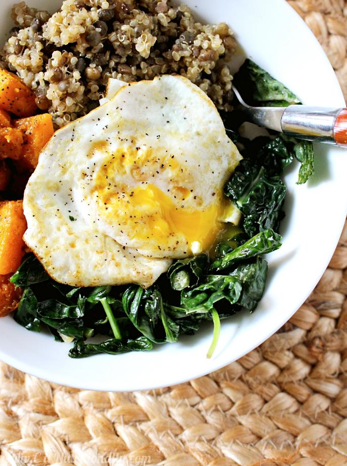 quinoa and lentil power bowl with an egg on top
