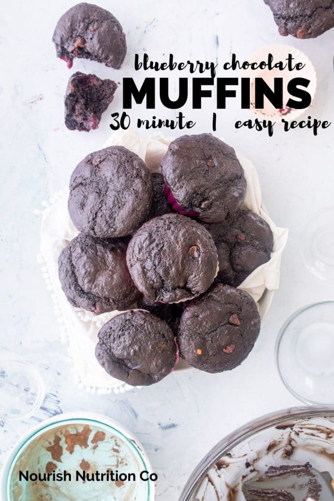 bowl full of chocolate blueberry muffins with bowls on a table with text overlay