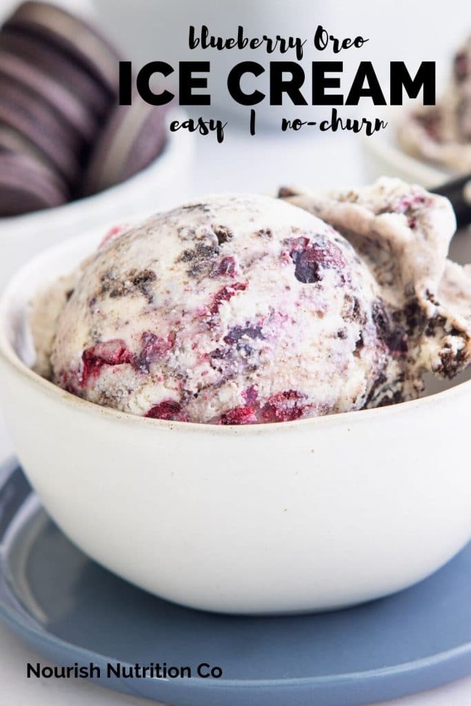 blueberry oreo ice cream in a bowl with text overlay