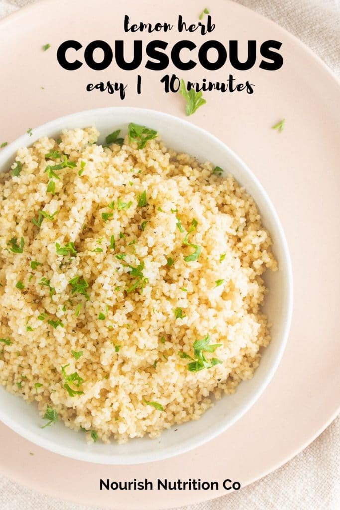 couscous with herbs on a pink plate with text overlay