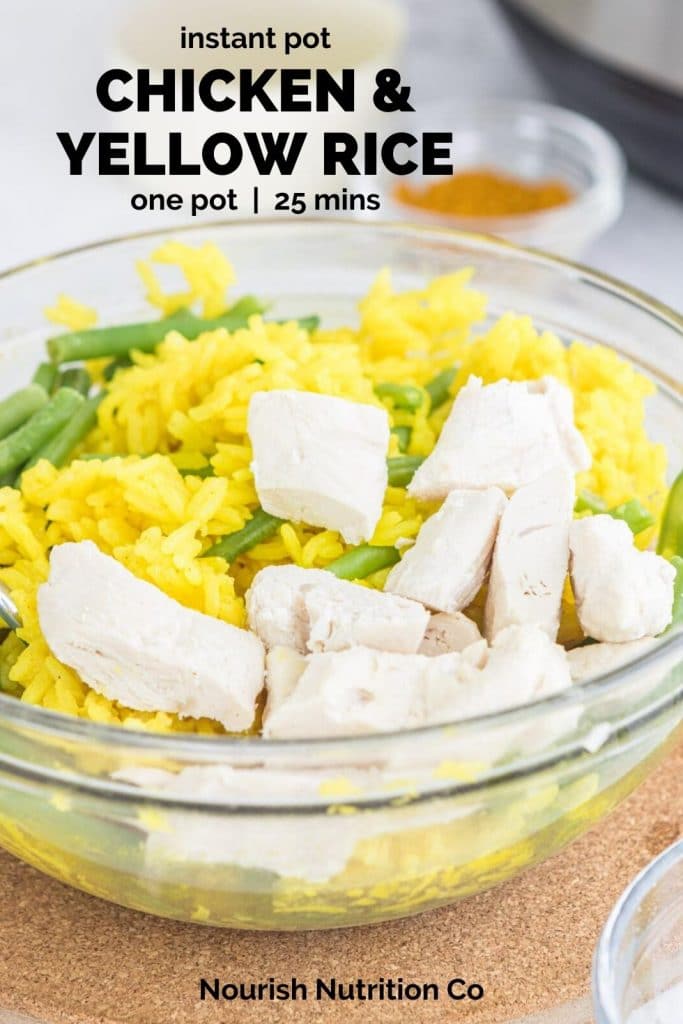 chicken and yellow rice in a bowl with text overlay