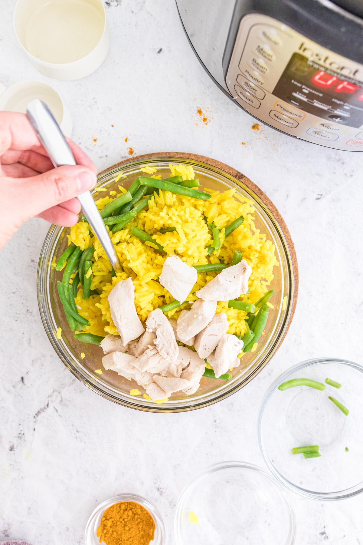 hand holding a spoon in a bowl of chicken and yellow rice