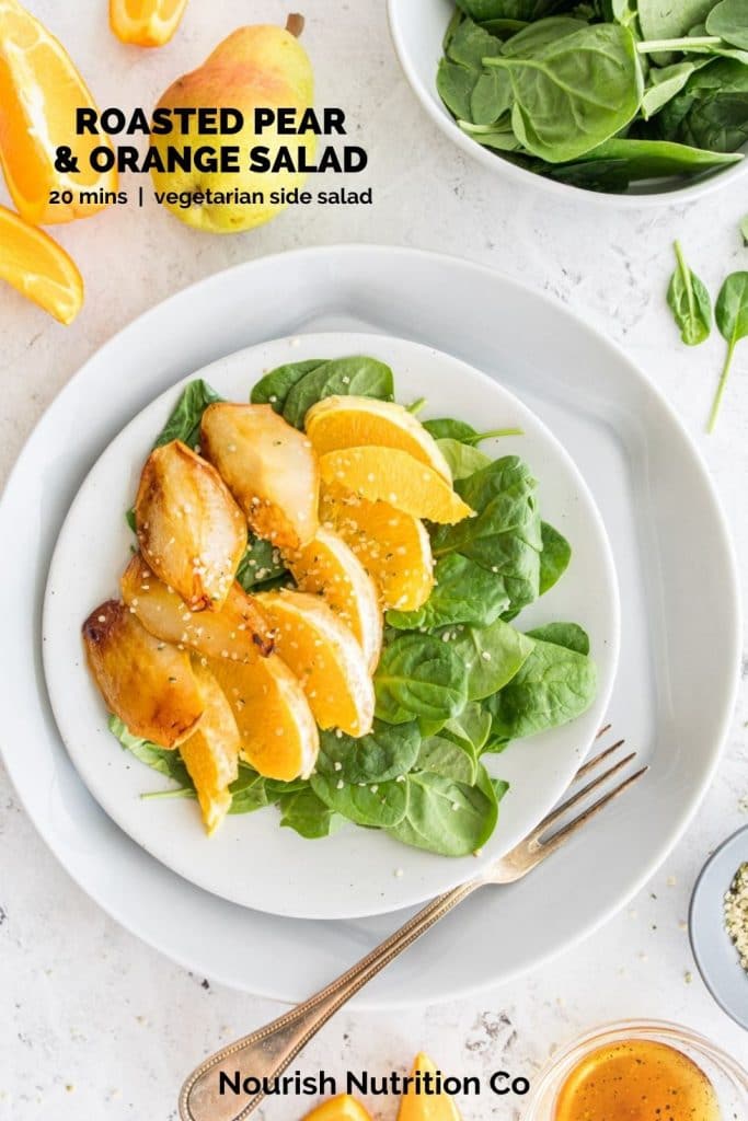 plate with spinach, orange slices, and roasted pears on it, with text overlay