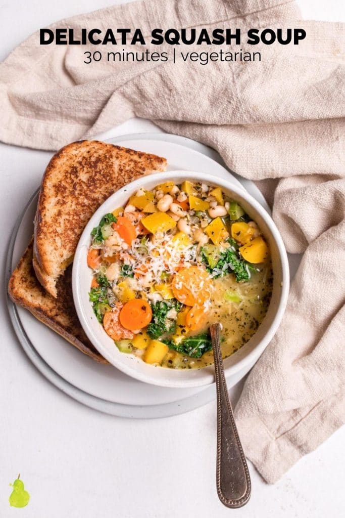 delicata squash soup with spoon in it with text overlay