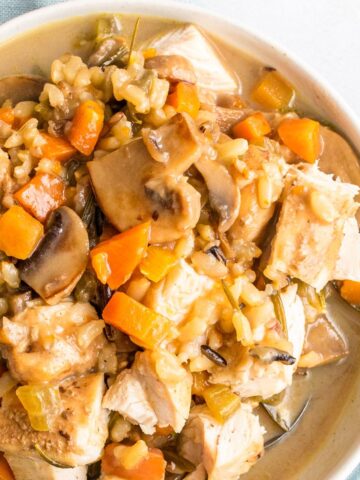 close up of mushroom and wild rice soup in a bowl