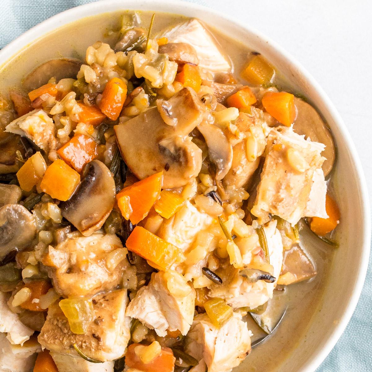 close up of mushroom and wild rice soup in a bowl