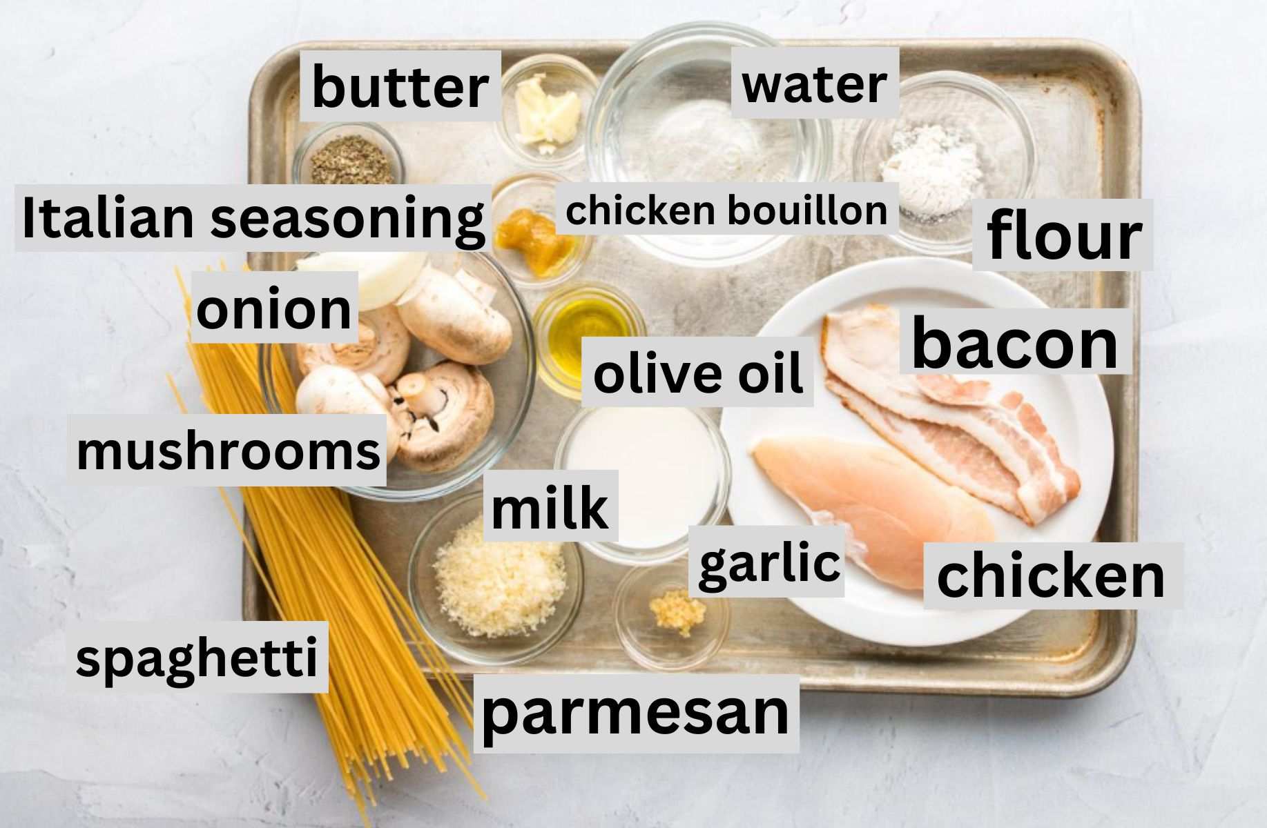 ingredients for mushroom, bacon, and chicken pasta on a baking sheet