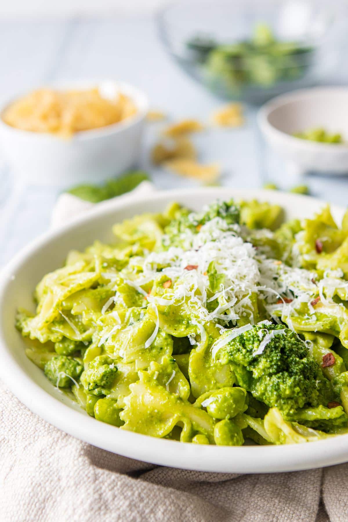 close up of pesto pasta in a bowl