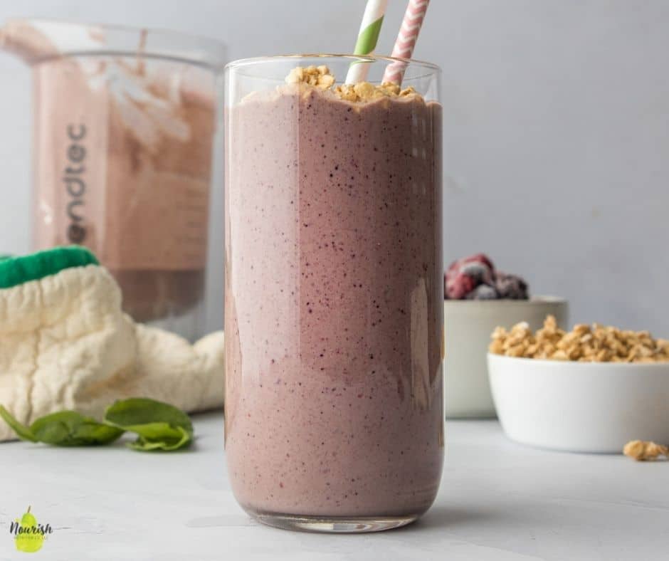 super easy and delicious triple berry smoothie with granola