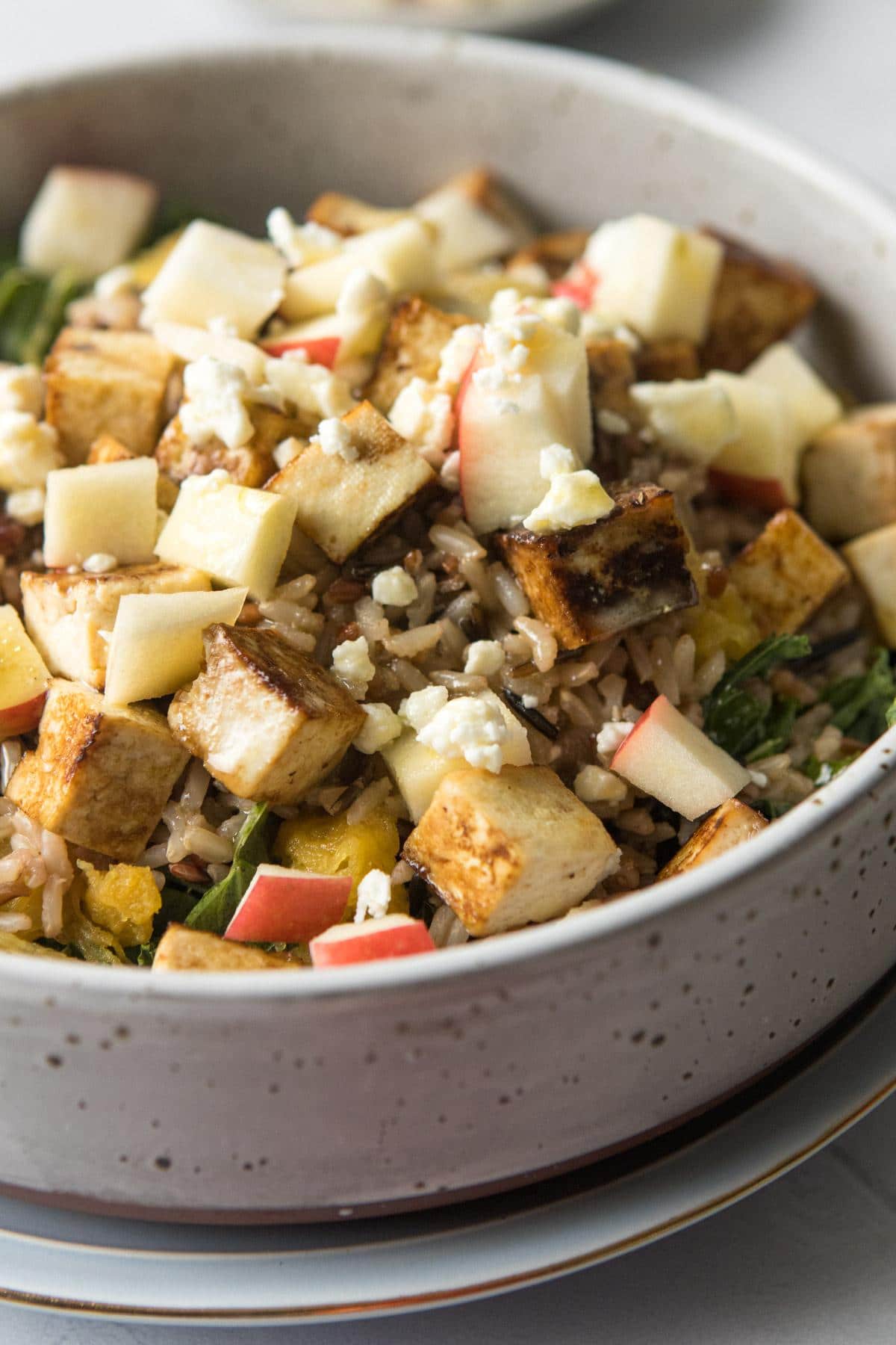 close up of harvest bowl with tofu