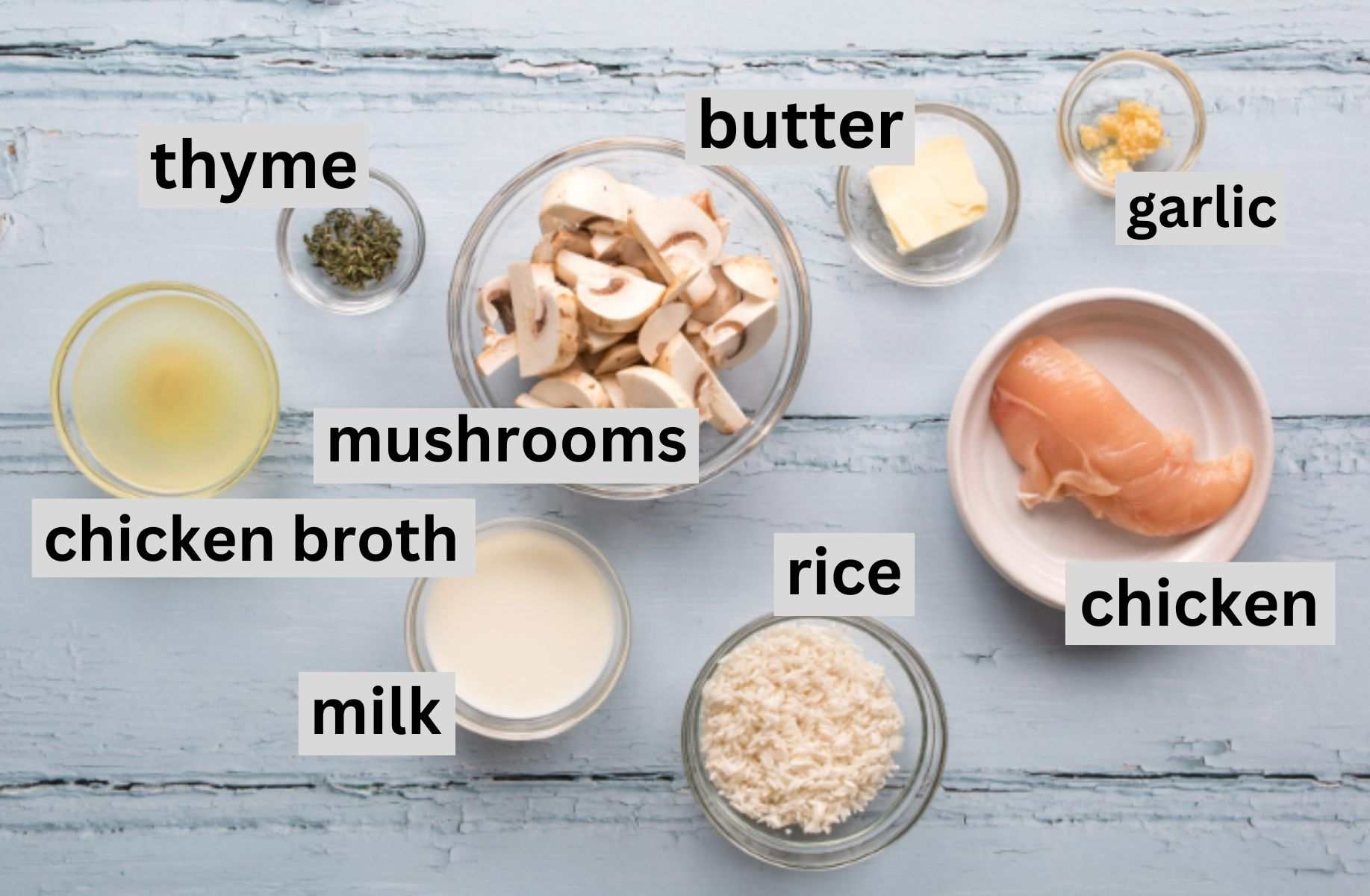 mushroom and rice dish ingredients on a table