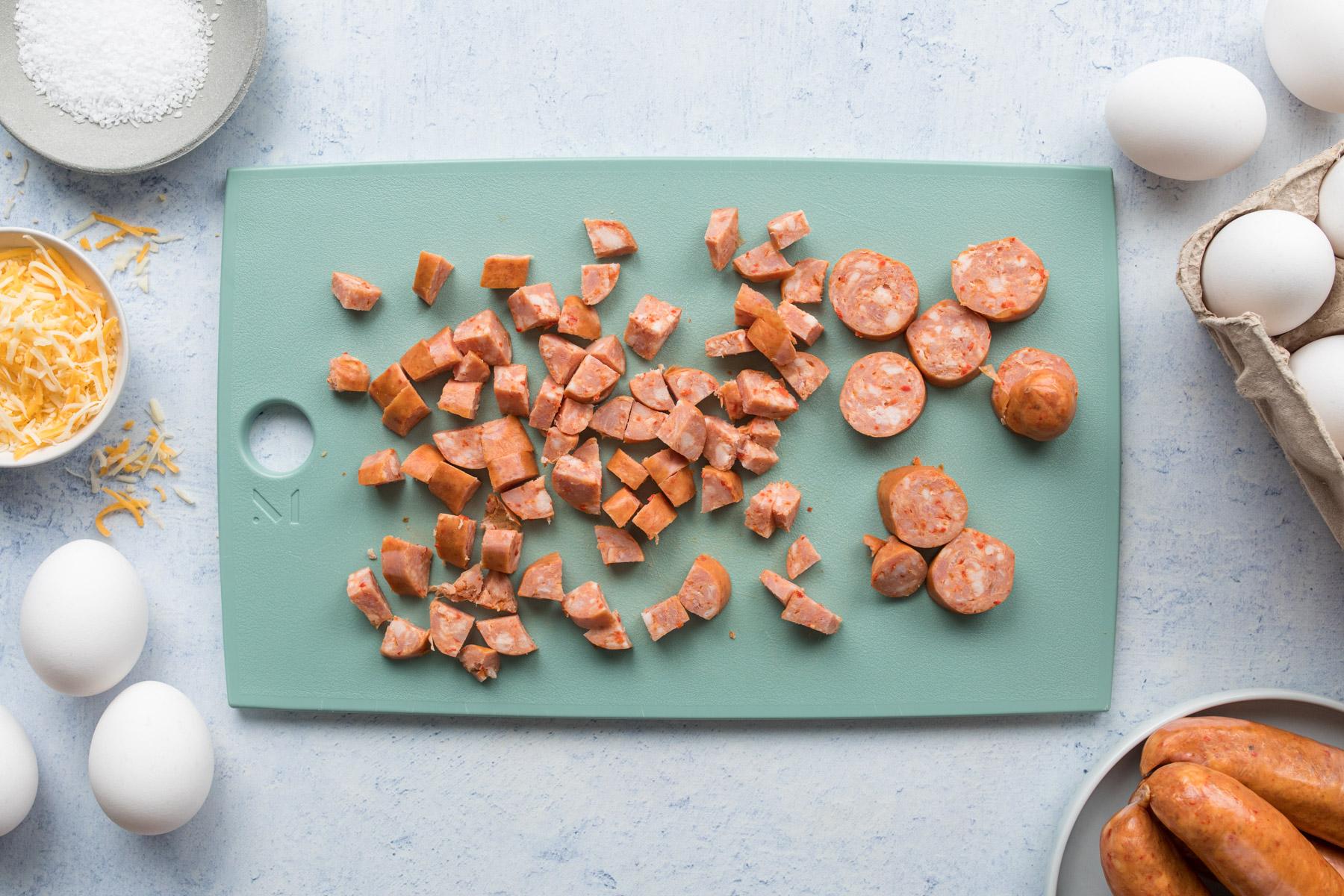 sliced chorizo sausage on cuttingboard