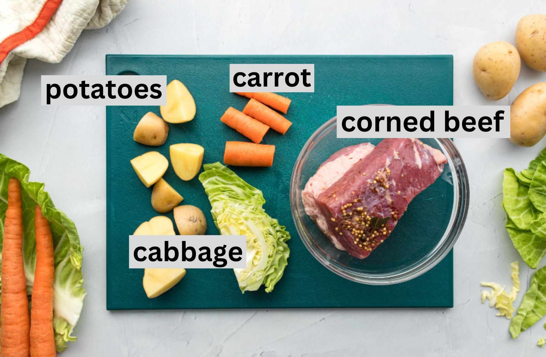 corned beef ingredients on cutting board