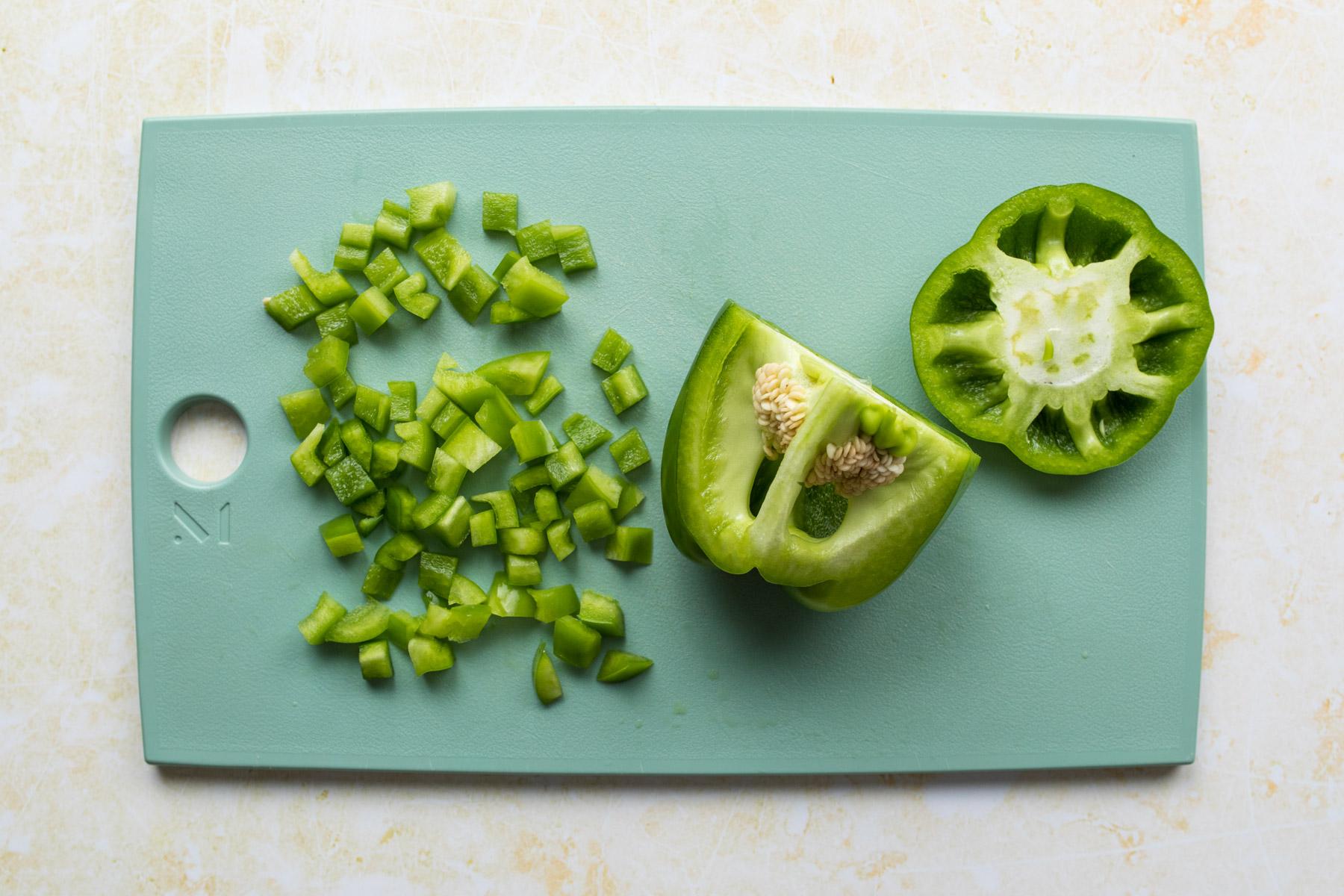 chopped bell pepper on a cutting board