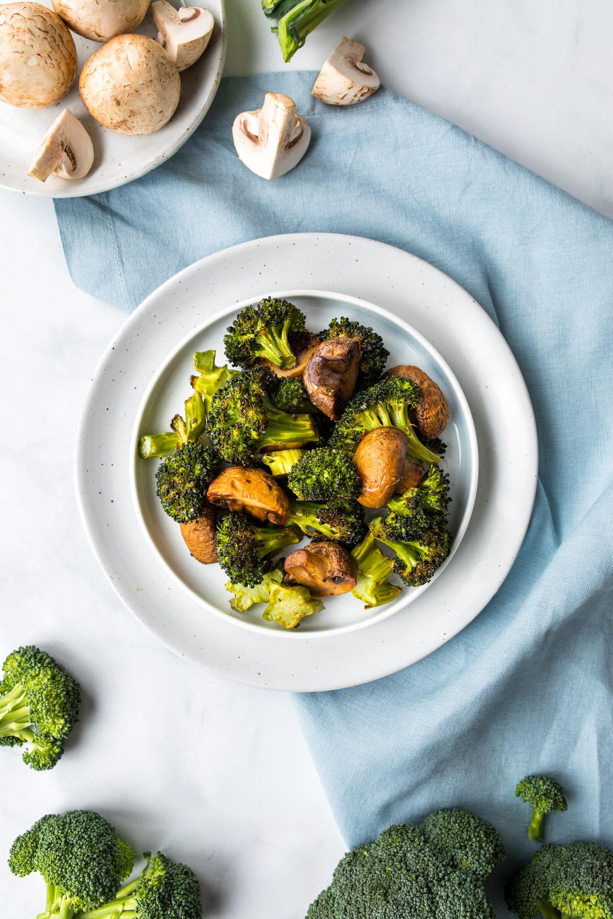 roasted mushrooms and broccoli on a plate
