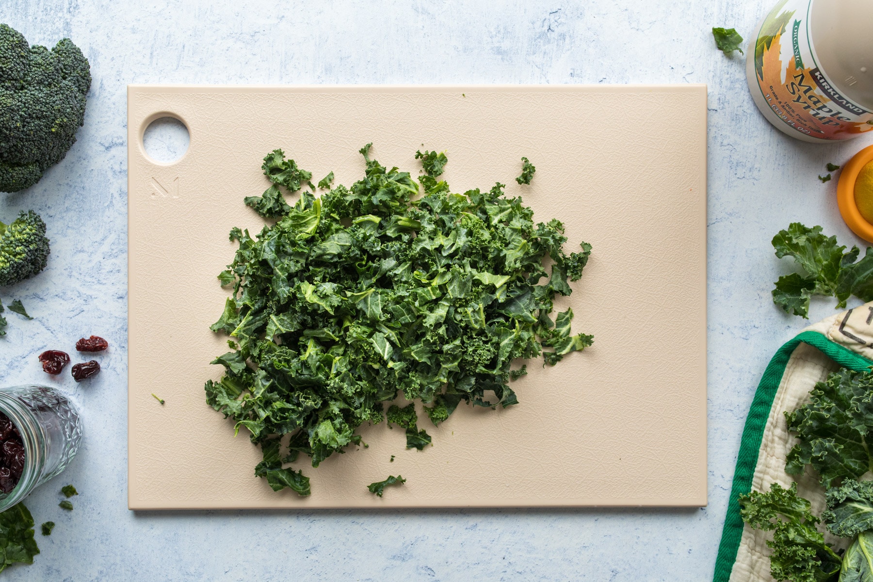 chopped kale on cutting board