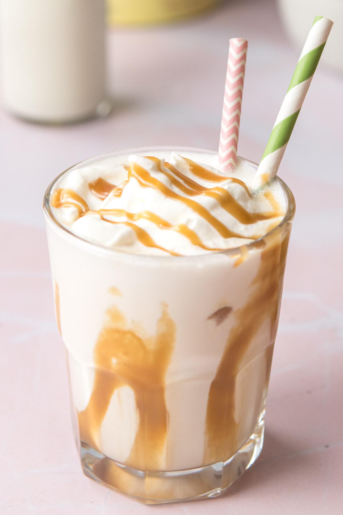milkshake with drizzled caramel on it