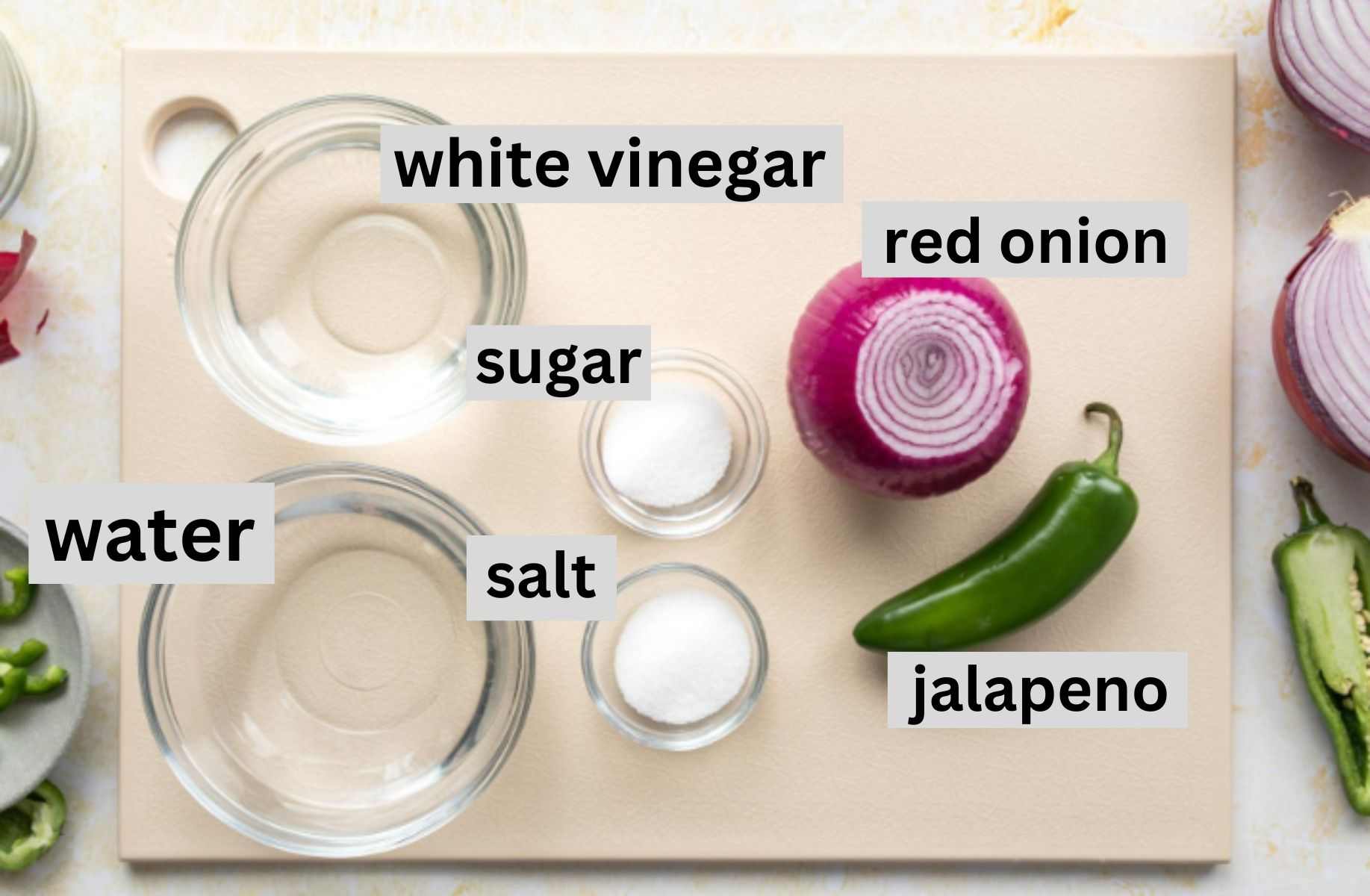 pickled onion ingredients on cutting board