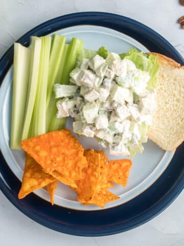 open faced chicken salad sandwich with sides on plate