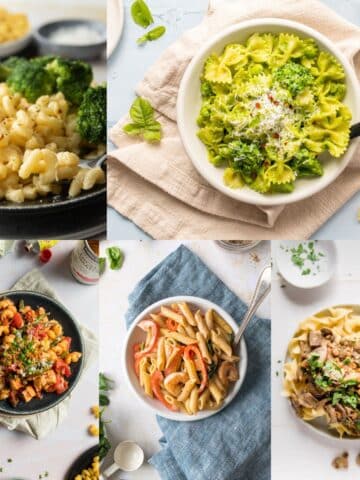 collage of five plates of pasta