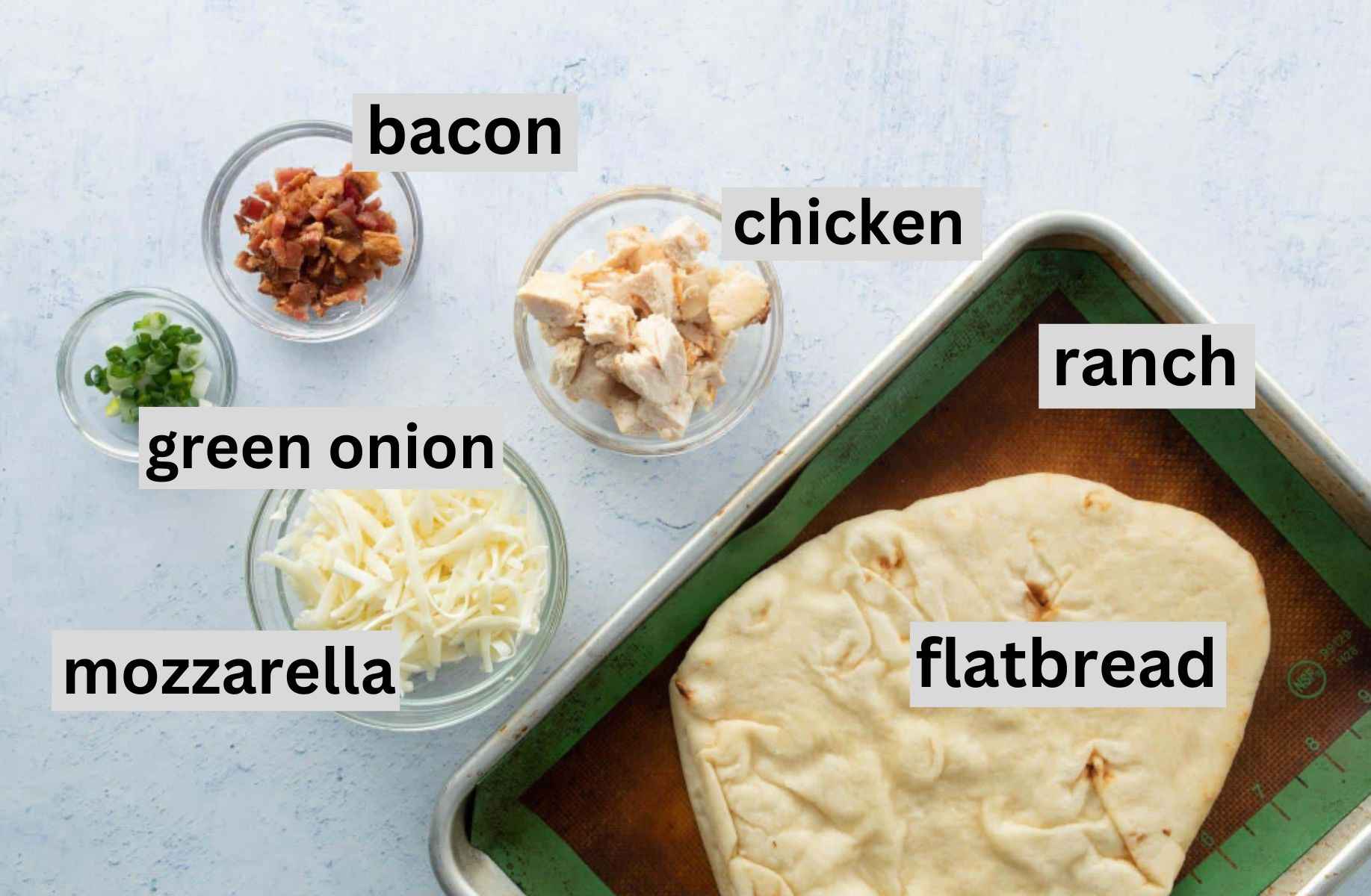 flatbread, sauce, toppings for pizza