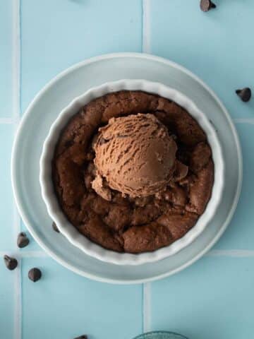 ramekin with brownie and chocolate ice cream