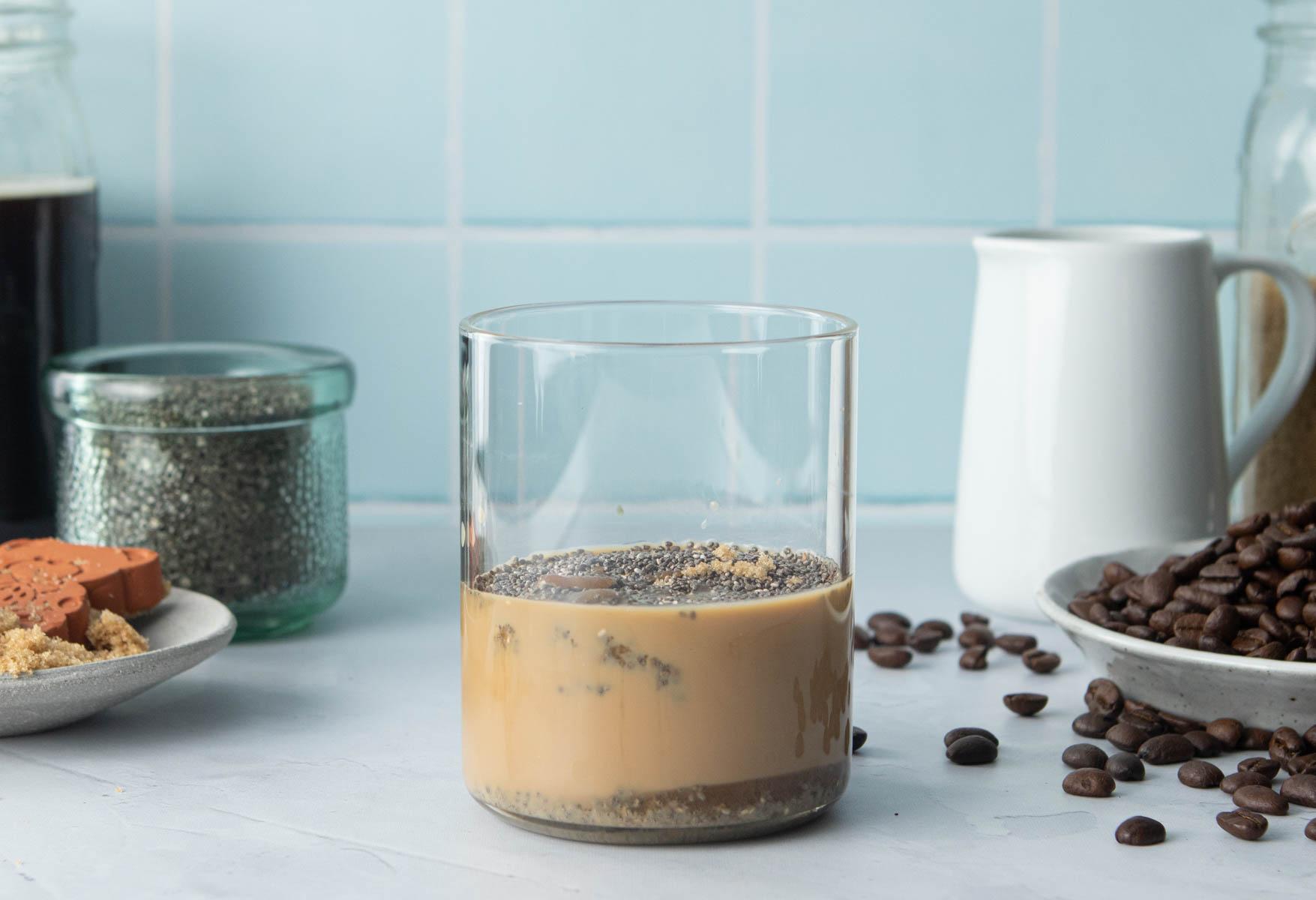 coffee, milk chia seeds other ingredients in glass