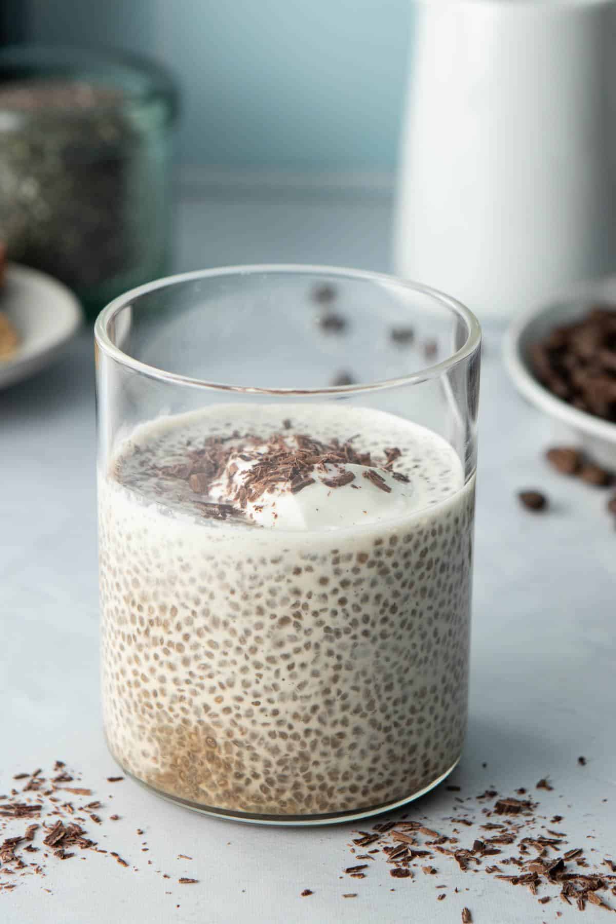 chia pudding with coffee in glass with chocolate shavings