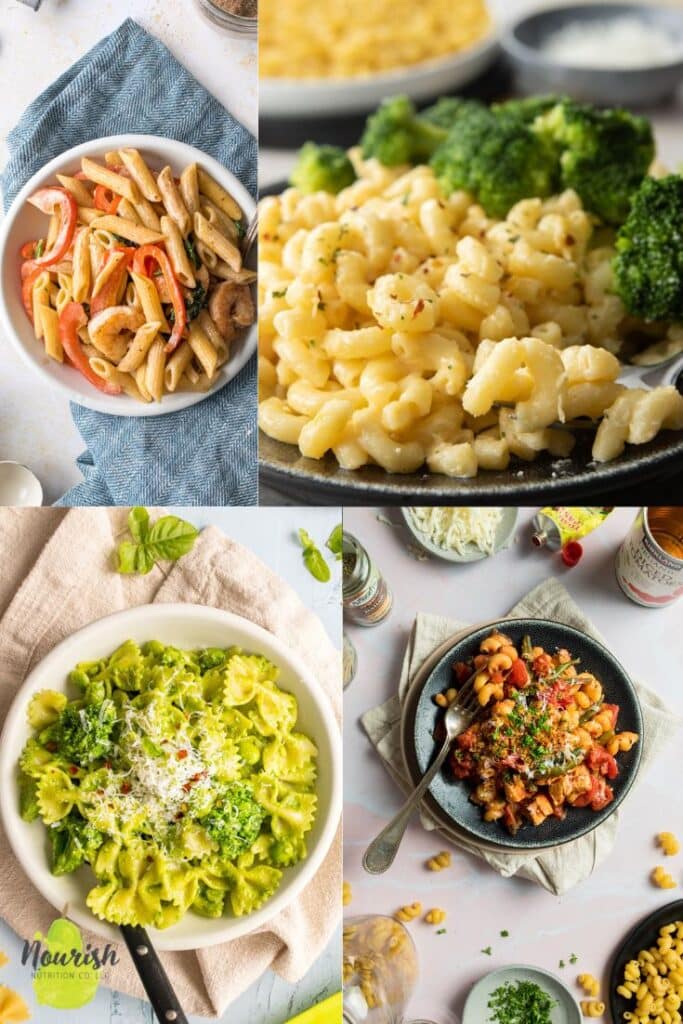 collage of four plates of pasta