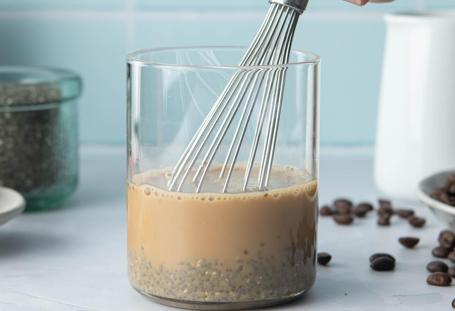 whisk in glass of coffee, chia seeds