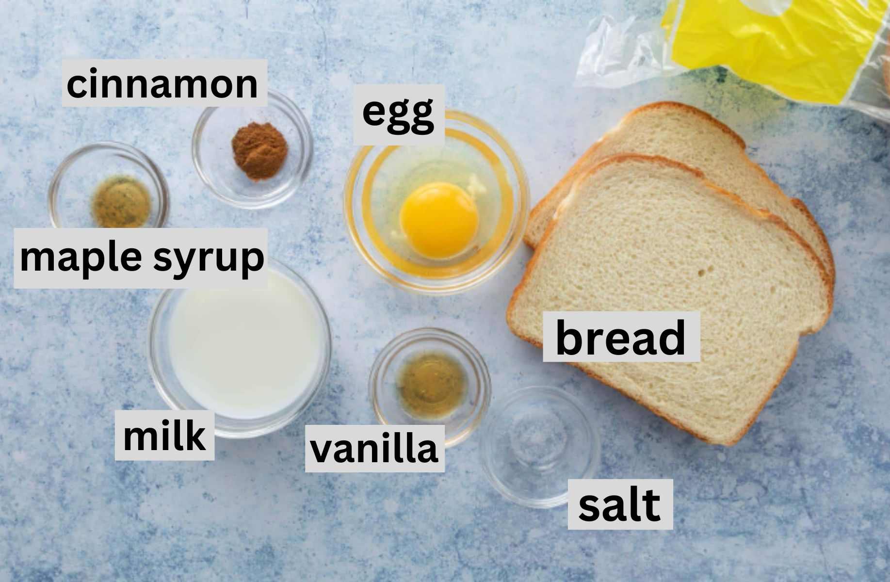 bread, milk, egg, seasonings on blue table