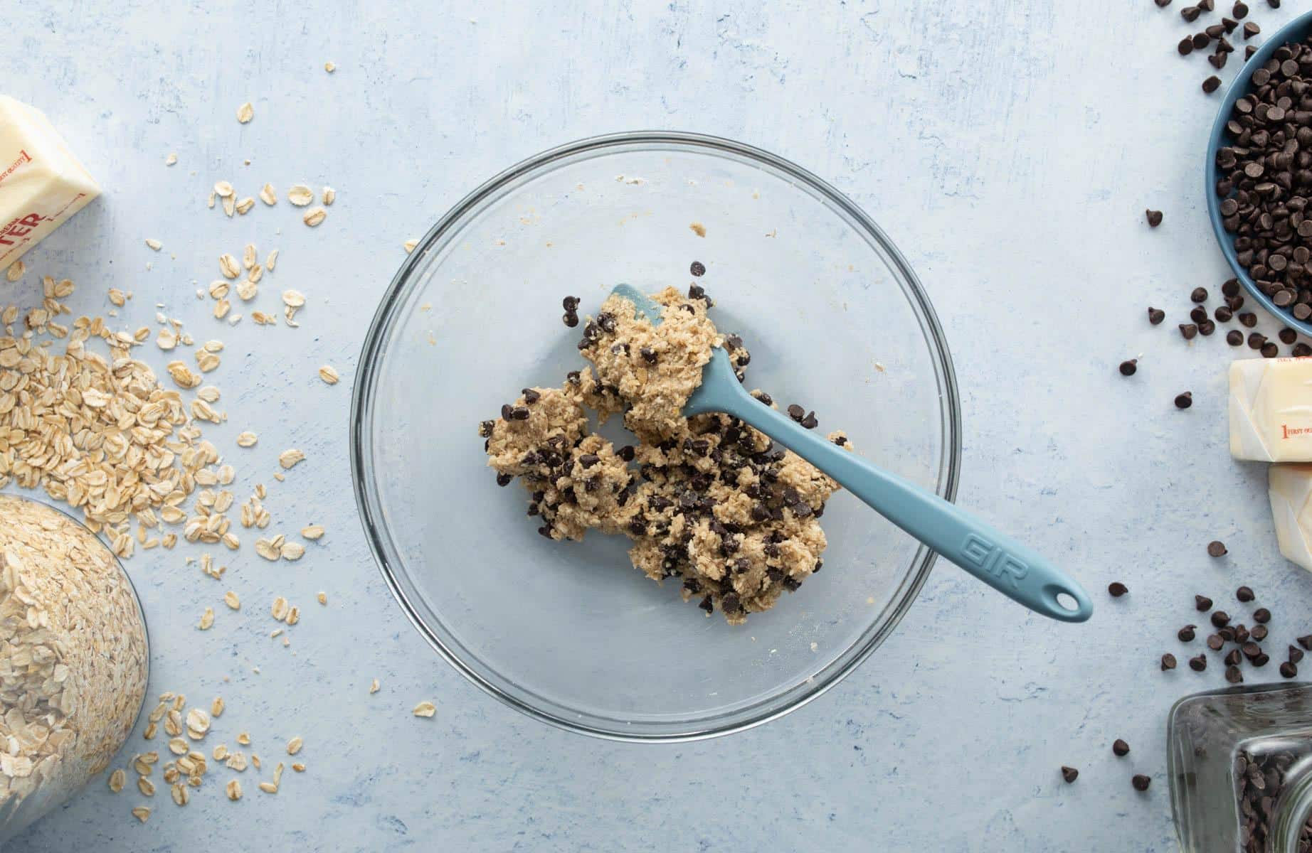 cookie dough with chocolate chips in mixing bowl