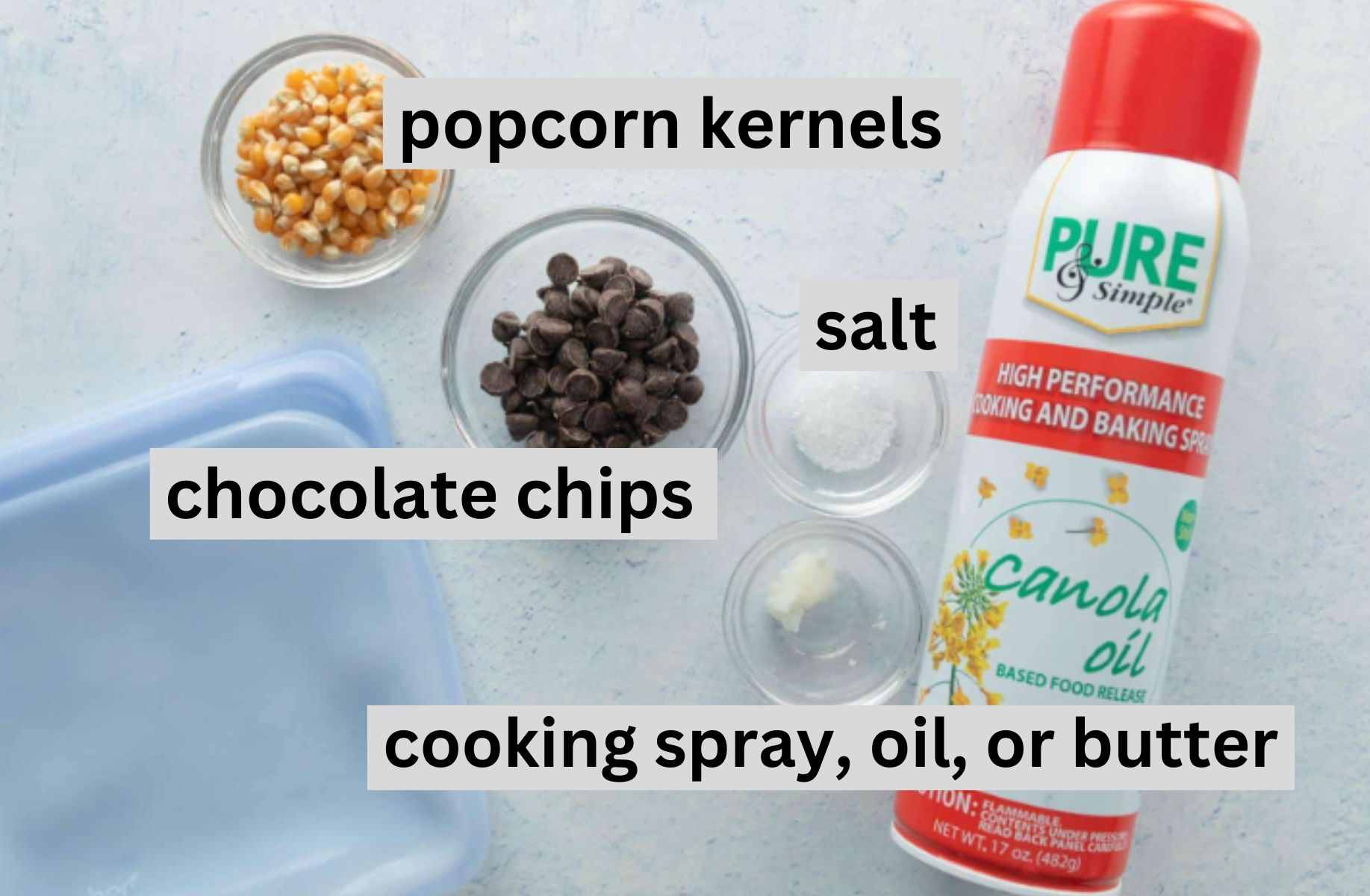 stasher bag, popcorn kernels, chocolate chips, ingredients in bowls