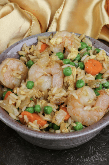 shrimp and vegetable fried rice in bowl