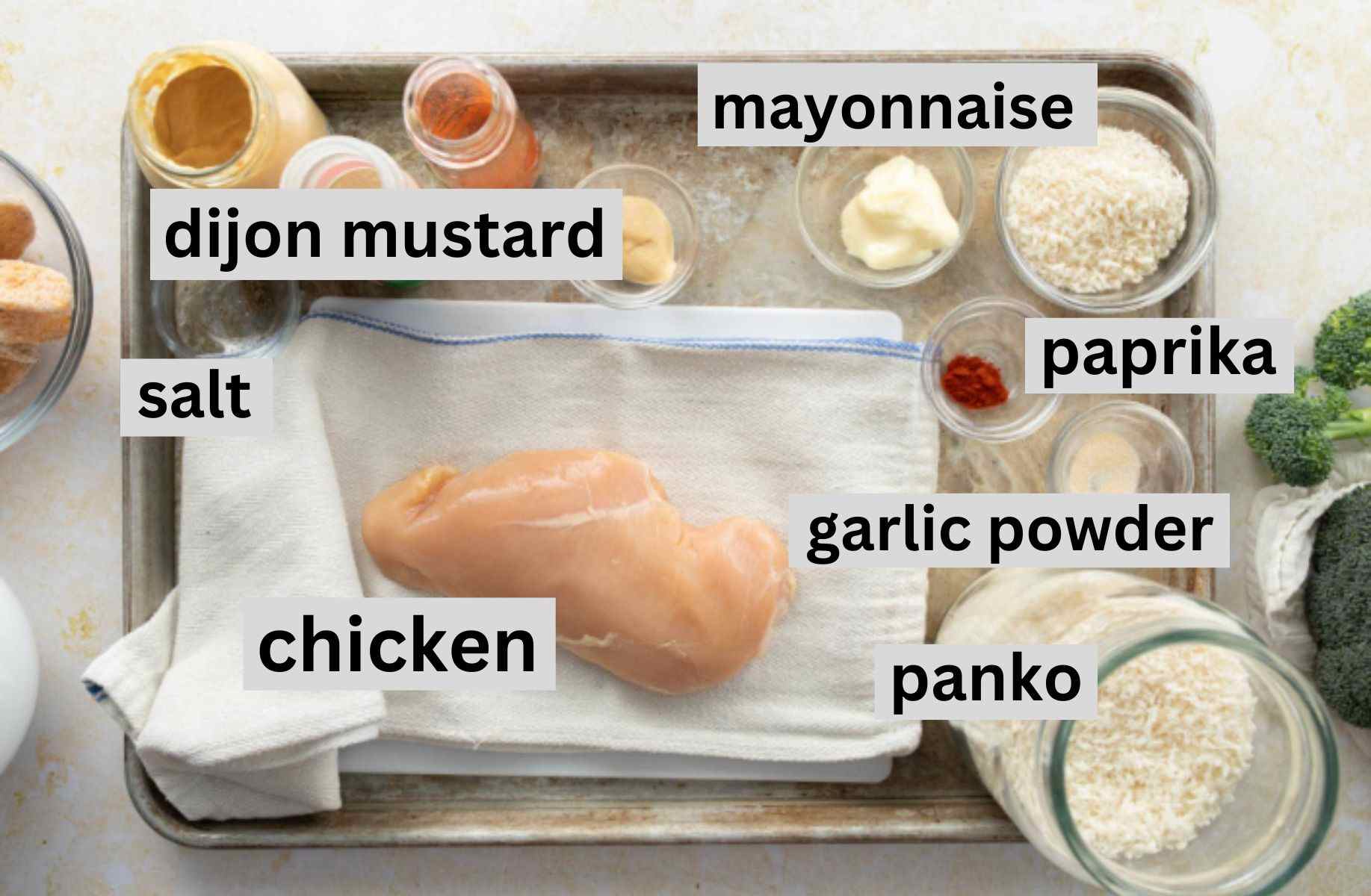 chicken, panko crumbs, spices on baking sheet