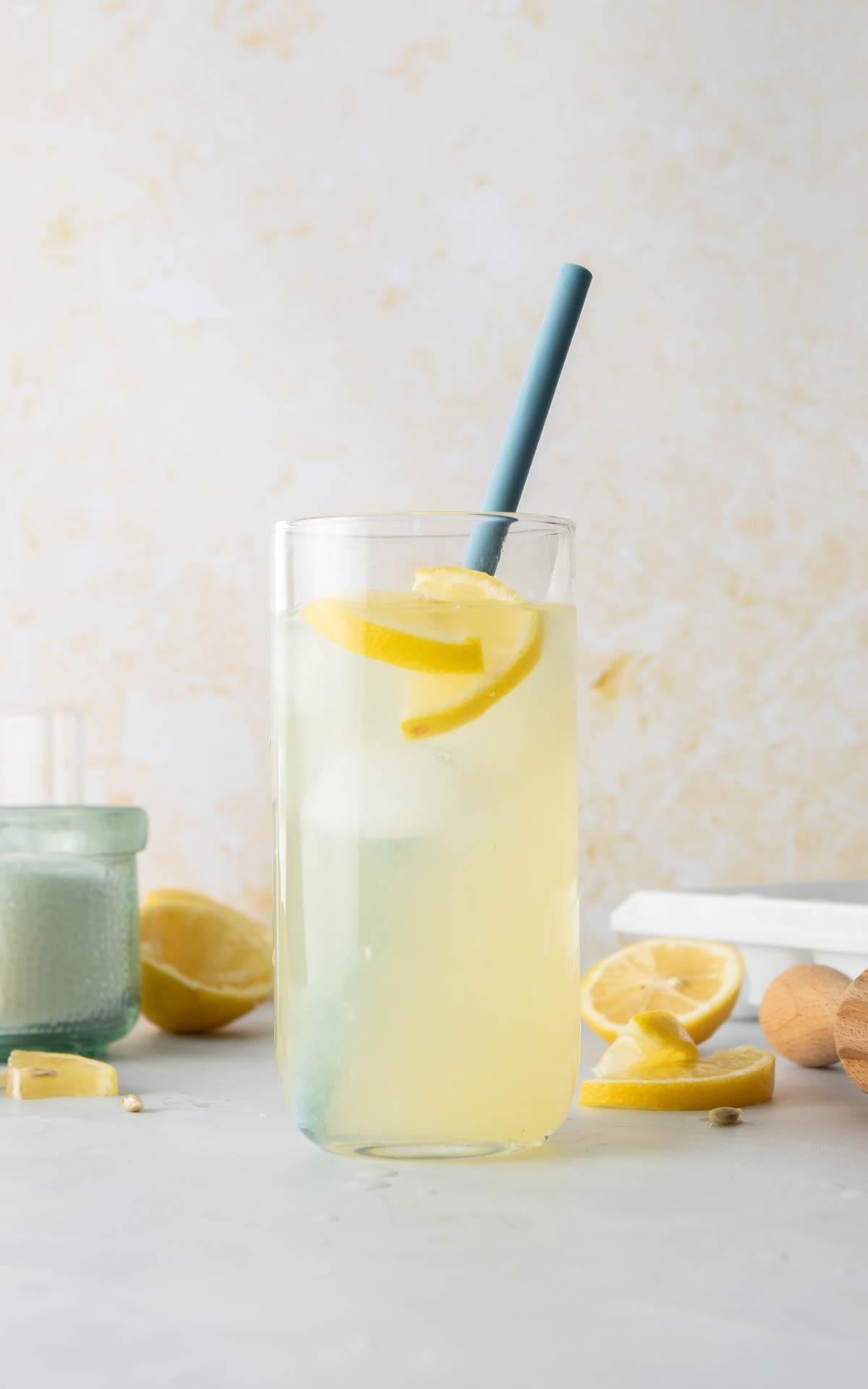 lemonade with lemon slices, straw in glass