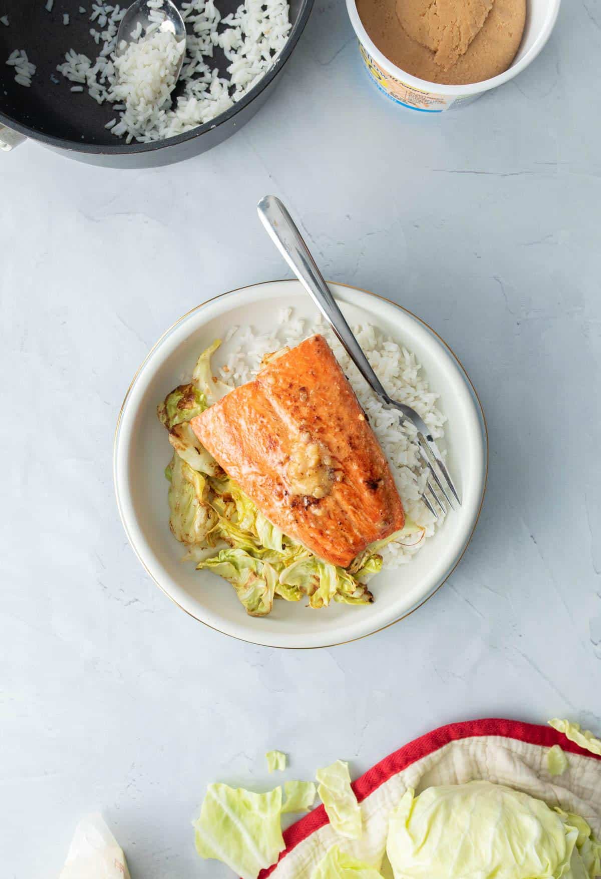 salmon on rice and cabbage, fork in it