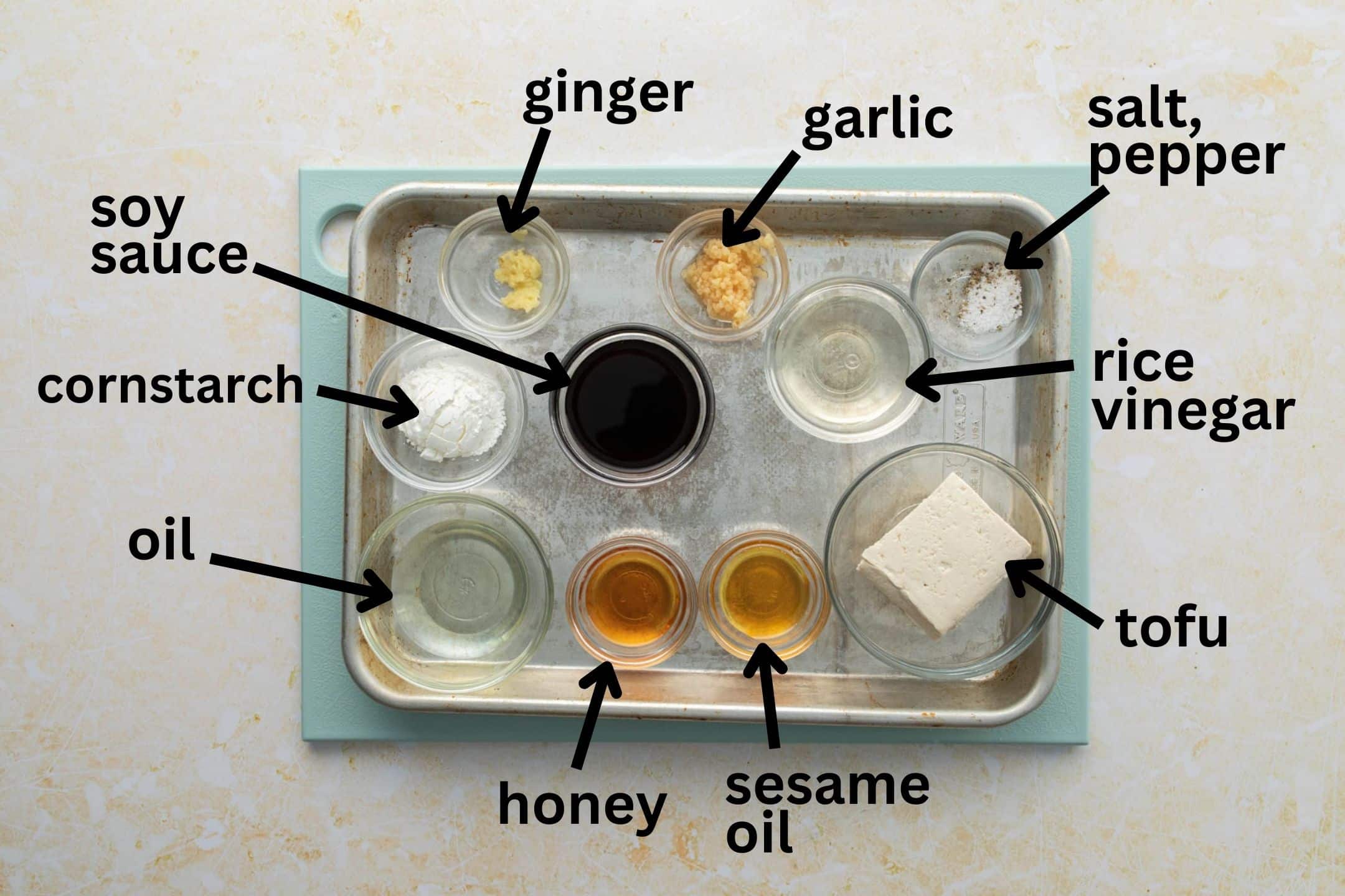 honey garlic tofu ingredients, with labels