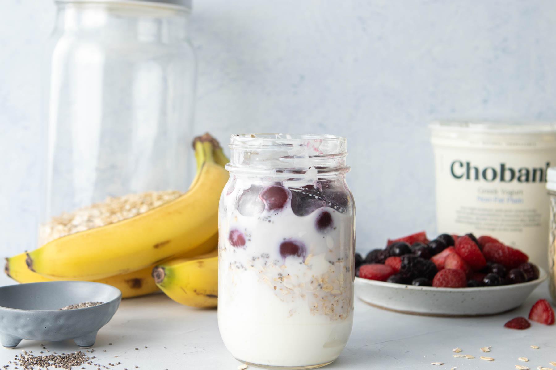 overnight oats with cherries in jar