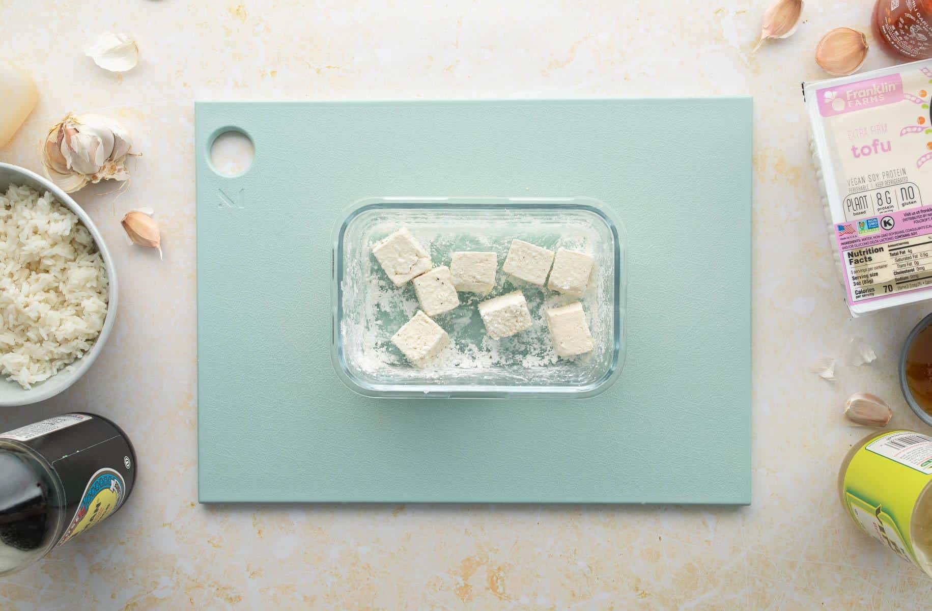 tofu pieces in container