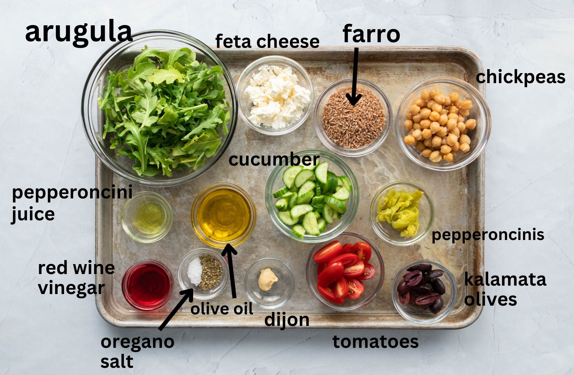 Mediterranean grain bowl ingredients, with labels