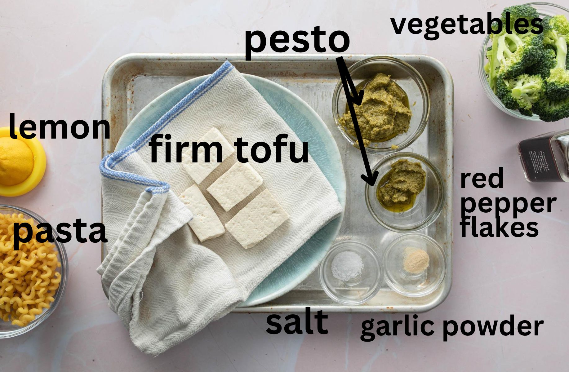 pesto tofu ingredients, with labels
