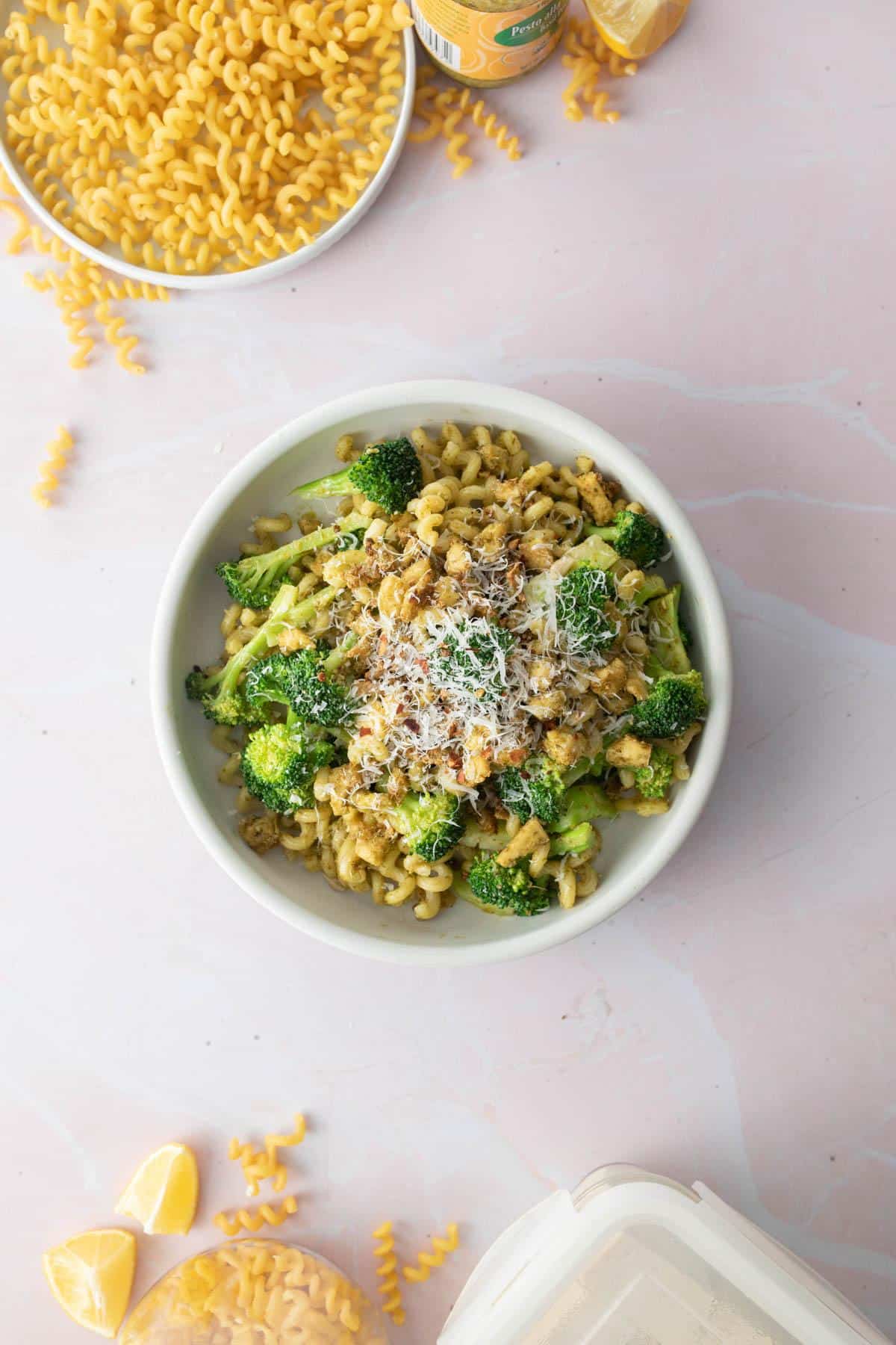 pesto tofu, pasta, broccoli in bowl