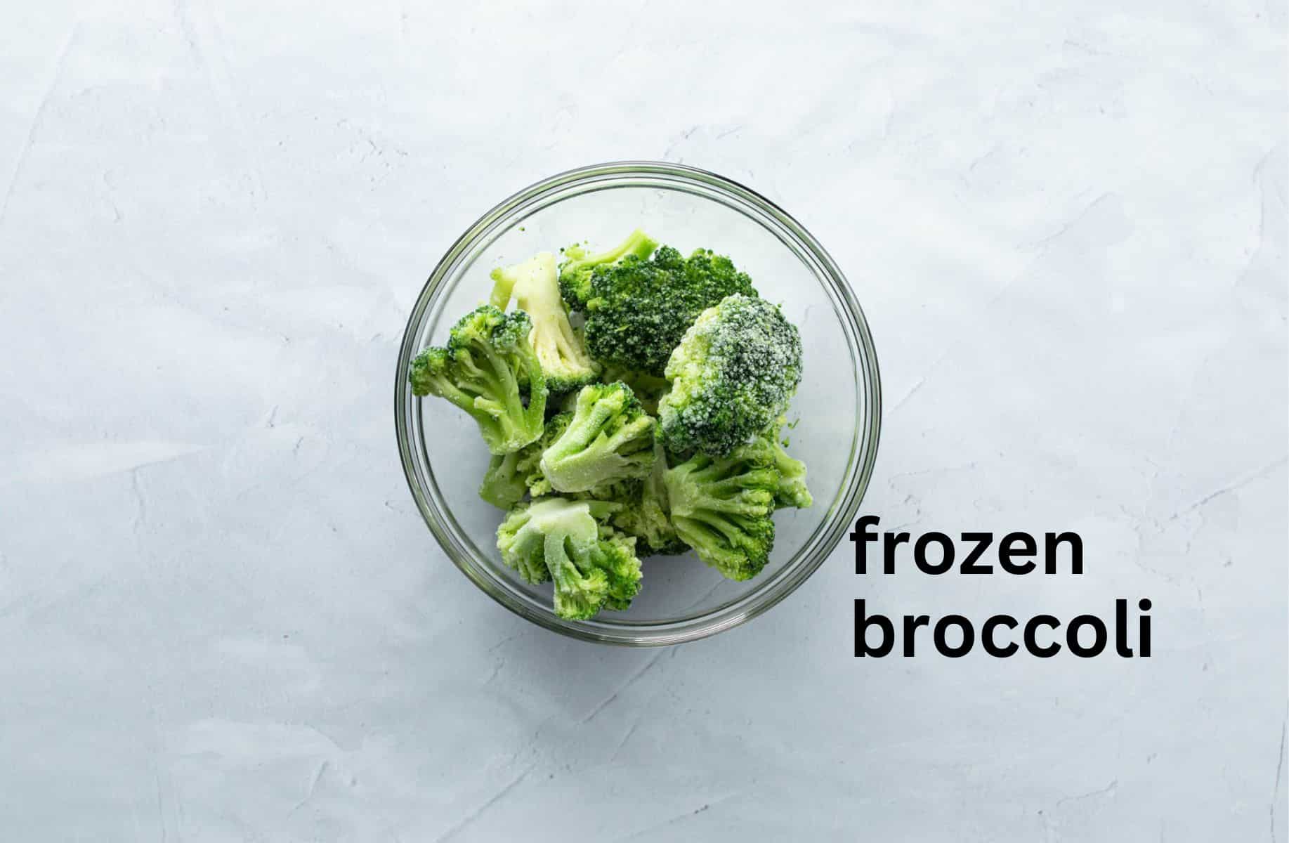 bowl of frozen broccoli, frozen broccoli text