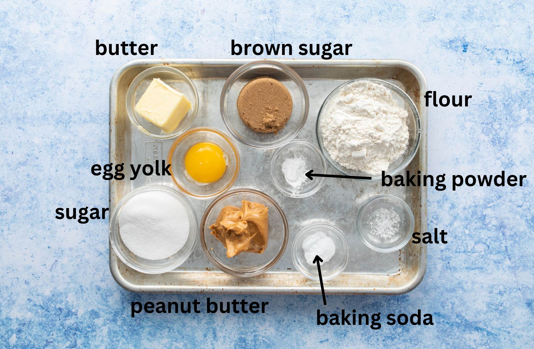 baking sheet with cookie ingredients with labels on it