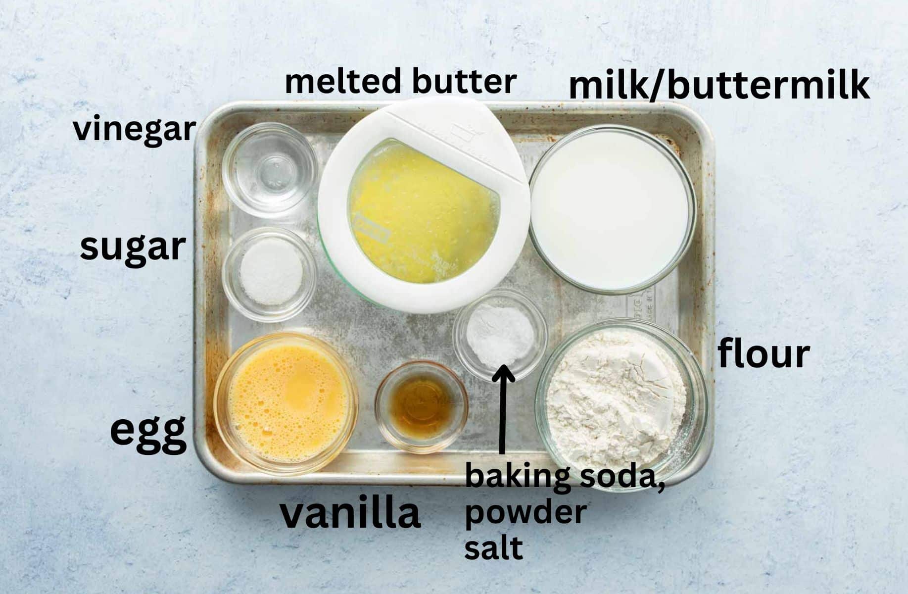 waffle ingredients on baking sheet, with labels