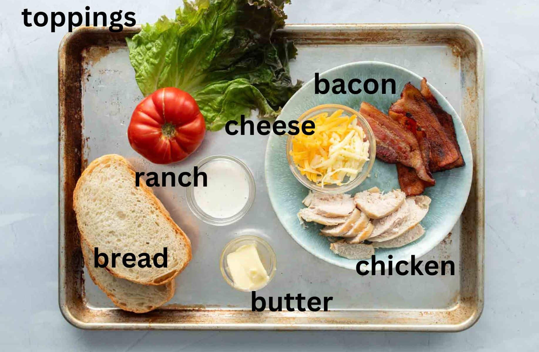 chicken bacon ranch sandwich ingredients, with labels